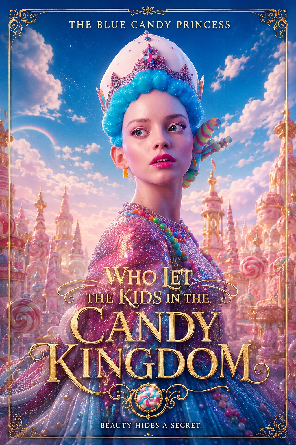 The Blue Candy Princess against a brilliant sky and candy palace.