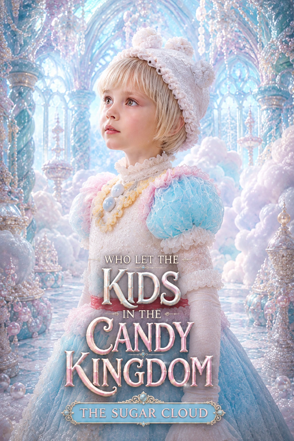 A young child in a luminous pastel Sugar Cloud palace.