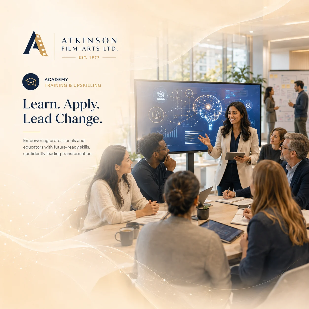 K–12 students and teacher using responsible AI in a skylight-blue classroom