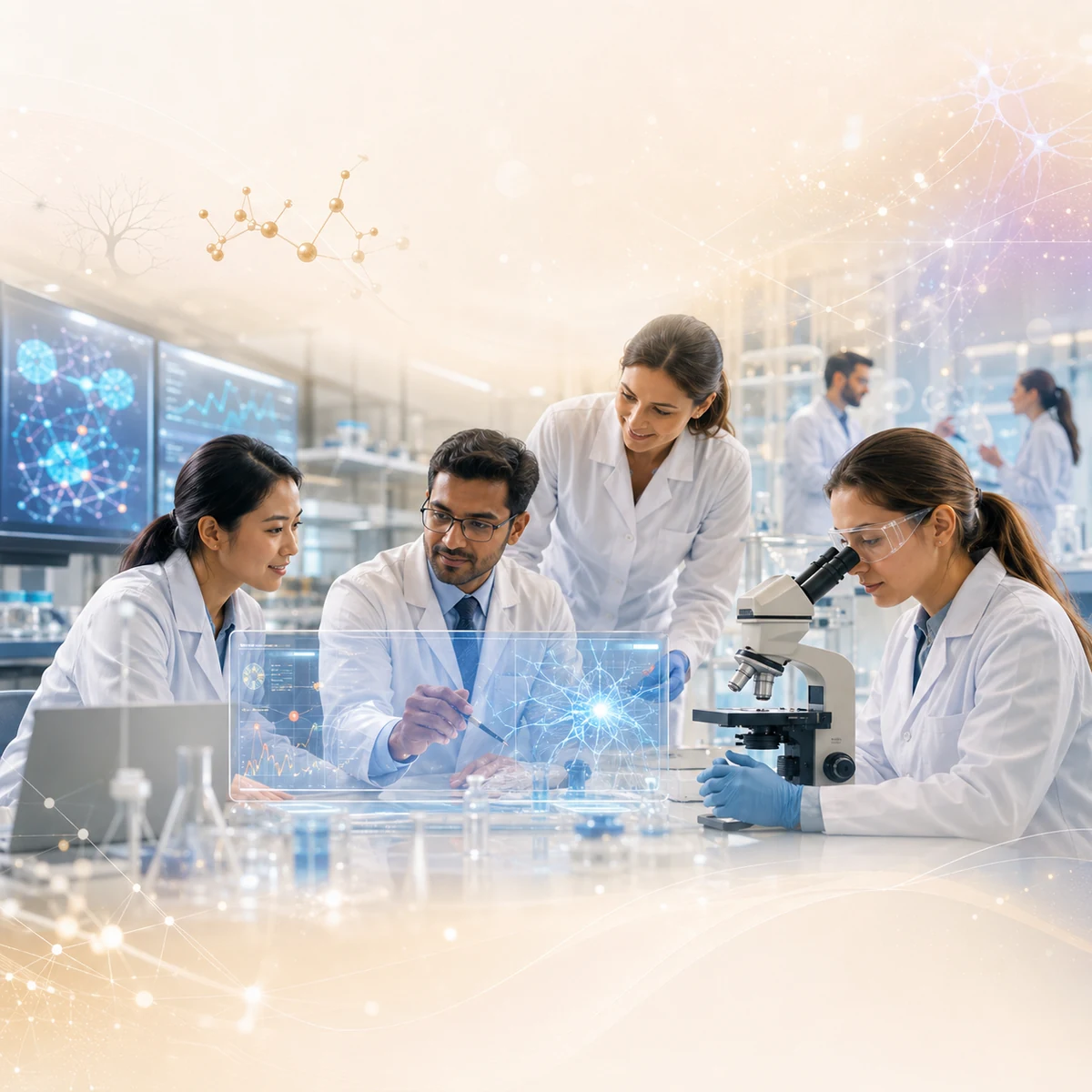 Research team using AI discovery workflows in a lab